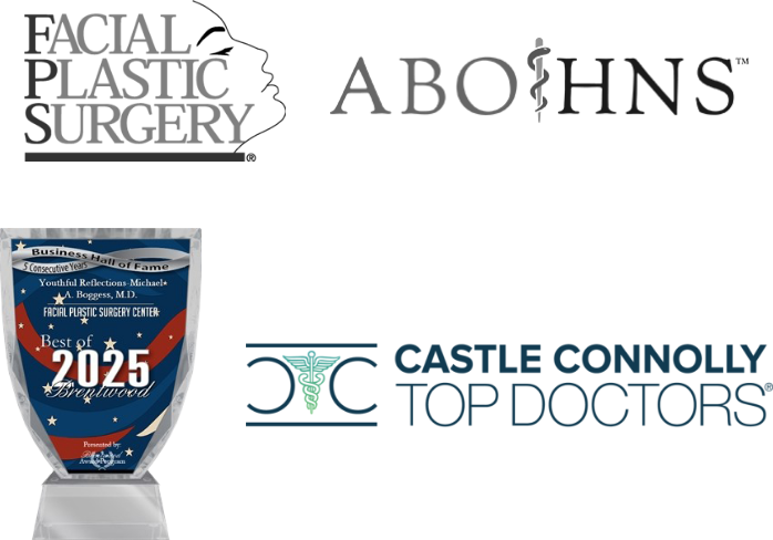 American Academy of Facial Plastic and Reconstructive Surgery logo, American Academy of Otalaryngology-Head and Neck Surgery logo, Best of 2025 Facial Plastic Surgery Center award, and Castle Connolly Top Doctors badge.