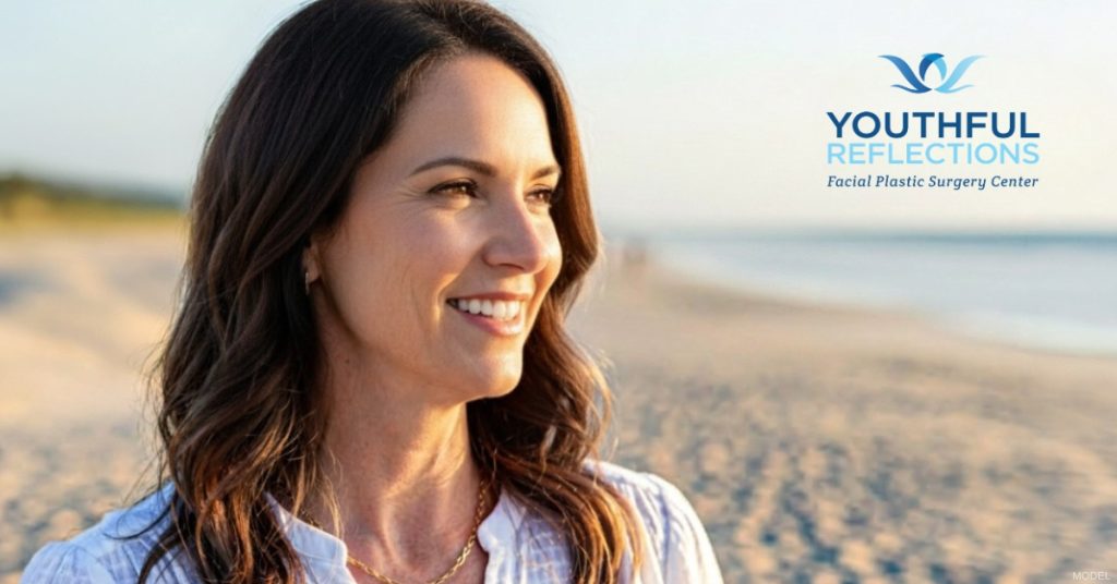 Woman on the beach showing lower eyelid surgery results for under-eye bags (model)