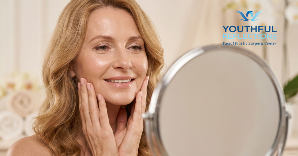 Model image of a mature woman pleased with her facelift results